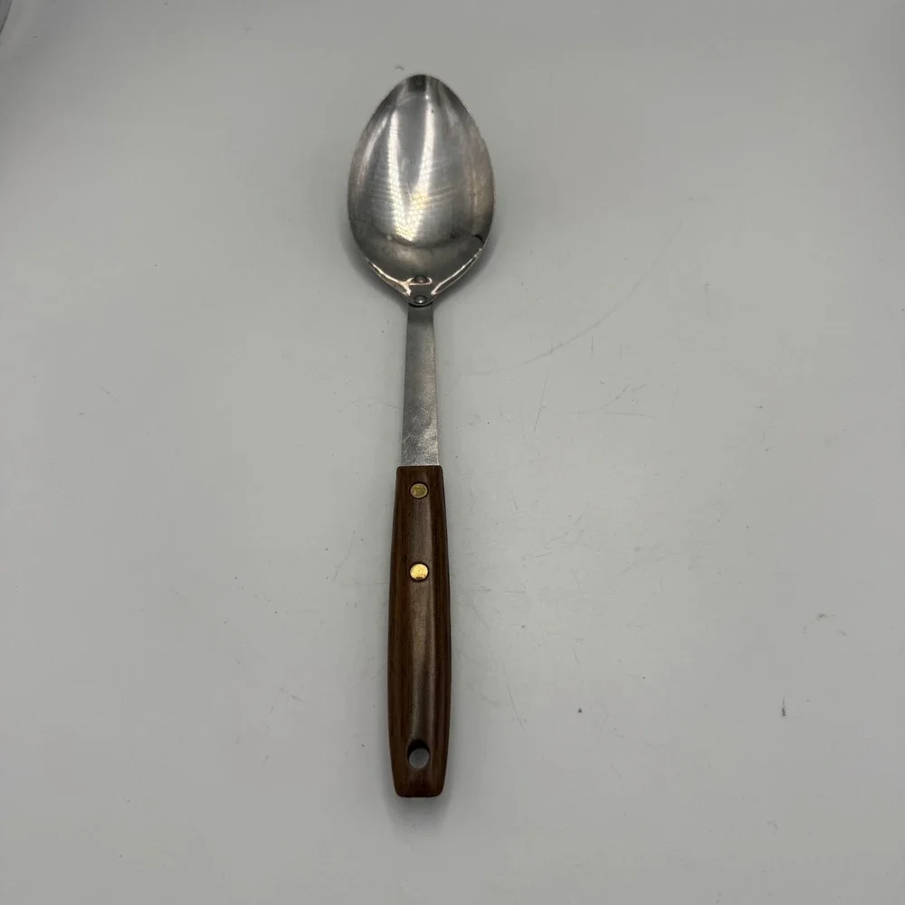 Vintage Stainless USA Serving Spoon Faux Wood Handle Brass Rivets 11.5 Inch